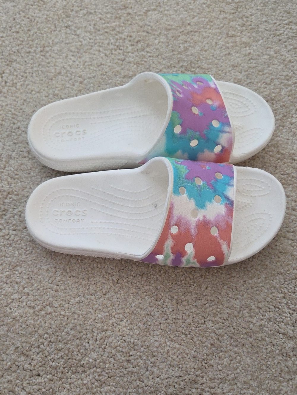 CROCS Kids White Slide Sandals with Multicolor Tie-Dye Strap
